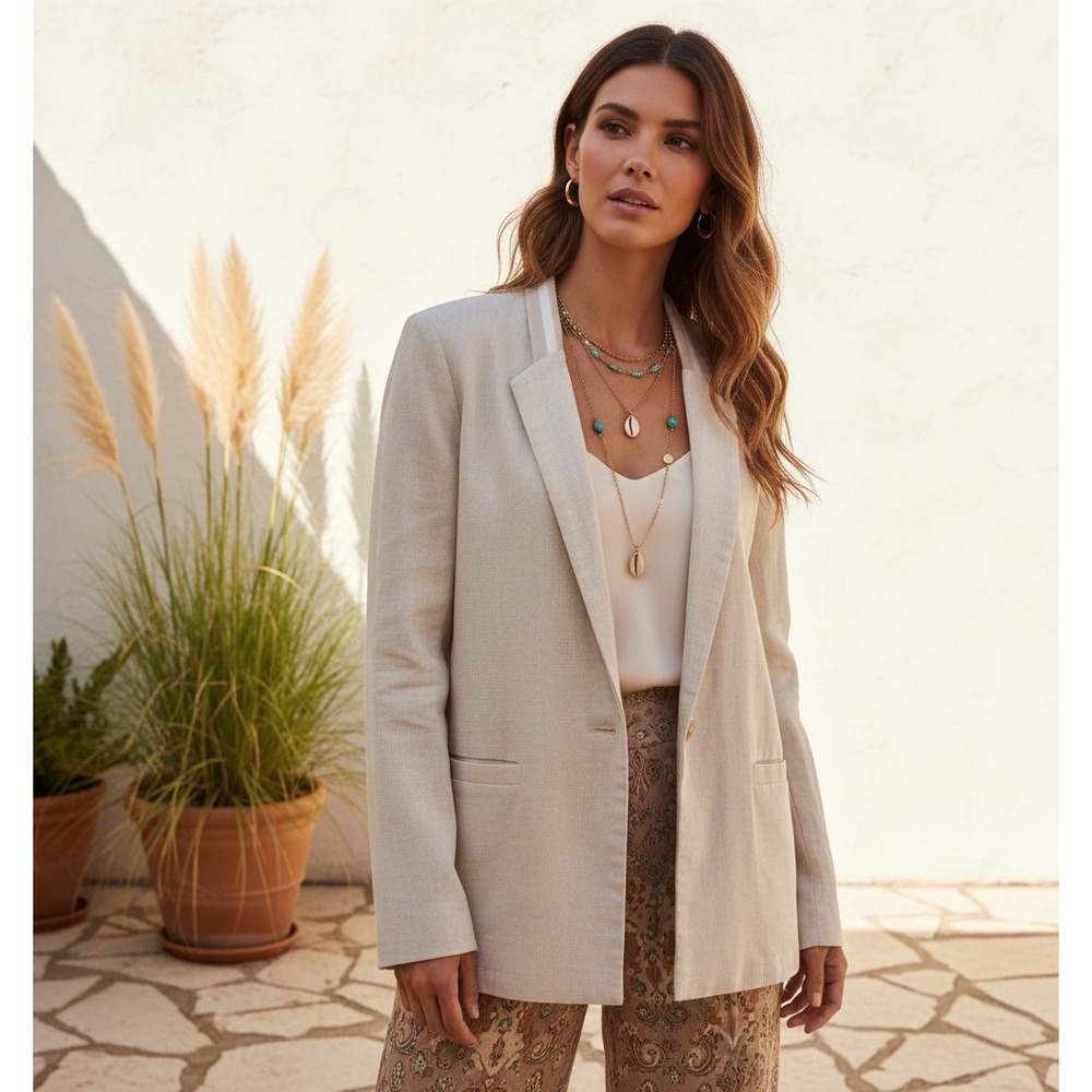 Hem & Thread M Beige Cream Blazer Jacket Linen‎ Blend Preppy 80s 90s Coastal